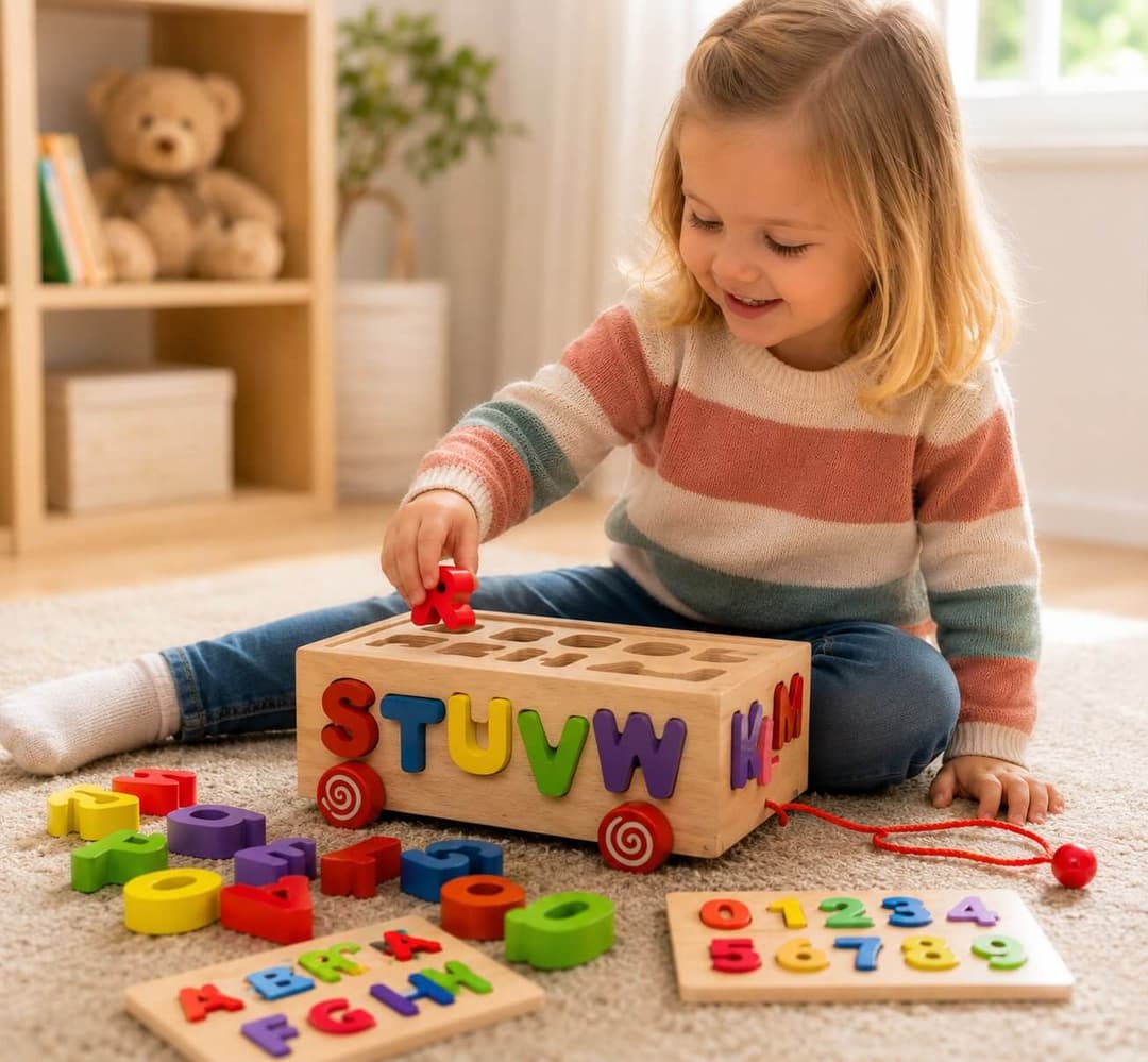 Carrito de madera infantil. Con letras y números.