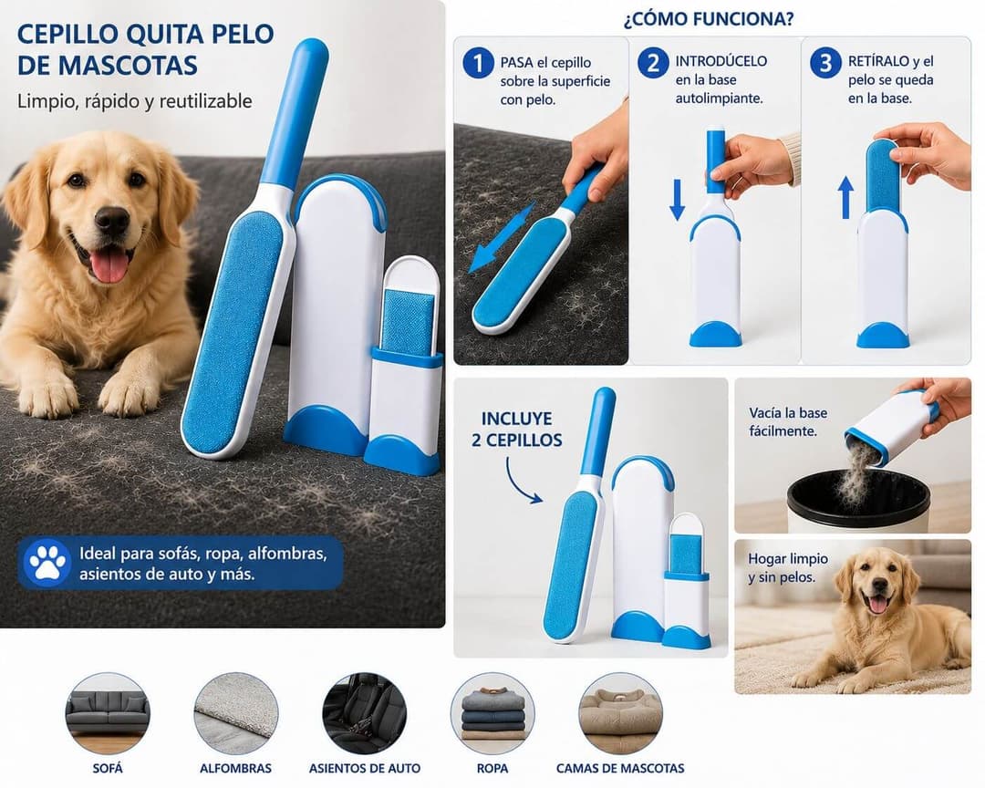 Set Cepillo Quita Pelos Mascotas Autolimpiante